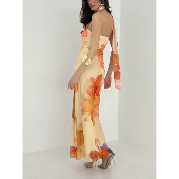 Women's Floral Stretch Maxi Dress Sleeveless Halter Summer Vacation - Picture 2 of 5